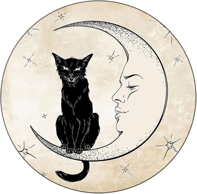 Small Round Tablecloth, Moon Washable Polyester Table Cloth for, Black Cat Sitting on White Crescent Moon, Fit Round Tables 44inch Diameter, Holiday Party Home Kitchen Dining Table Decoration