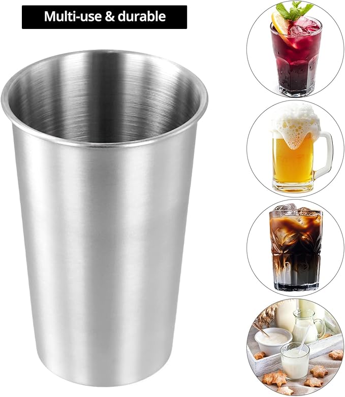 QWORK 16 Ounce Stainless Steel Pint Cups, 16 Pack 450ml 304 Steel Cup, Metal Drinking Glasses, Shatterproof Cup
