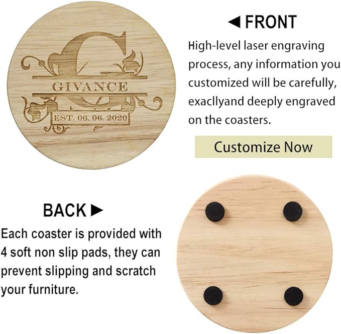 Personalized Wooden Coasters, Custom Engraved Monogram Coasters - Great Gifts (XL, Set of 4)