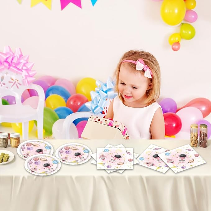 Pink planet Party Plates and Napkins - 40 PCS Pink planet Birthday Party Supplies for Boys and girl Disposable Dinner Dessert Cake Paper Plates Lunch Napkins