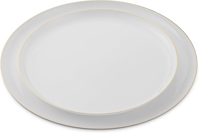 BloominGoods 50 PCS Disposable Plastic Plates For Party, 25 8.5 In. Appetizer Plates And 25 10.5 In. Dinner Plates, White With Gold Rim Plates For Wedding Or Event, Heavy Duty