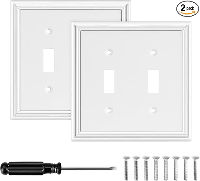 White Modern Decorative Wall Plate Light Switch Cover Decorator Outlet Covers Rocker Switch Plates Bamboo Fiber Material Wall Plates for Kitchen Bathroom (2 Gang Double Toggle-2 Pack)