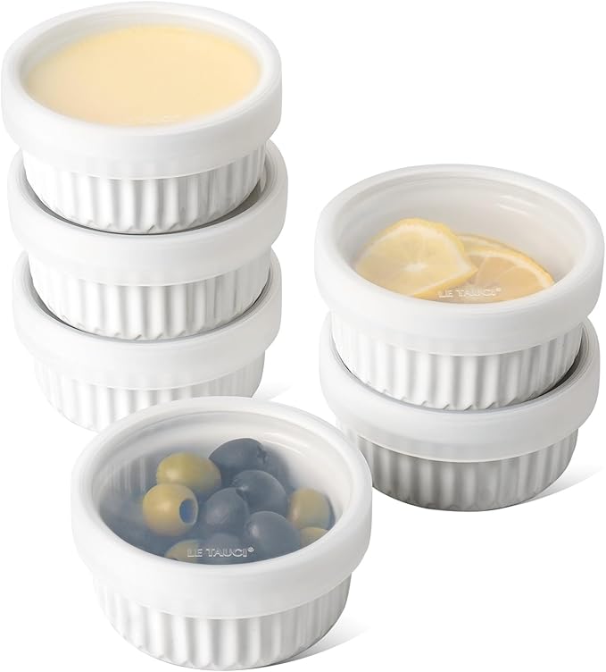 LE TAUCI Ramekins with Silicone Lids, 4 OZ Ceramic Soufflé Dishes, Ramekin Bowls for Crème Brûlée, Dessert, Dips, Oven & Microwave Safe, Set of 6, White