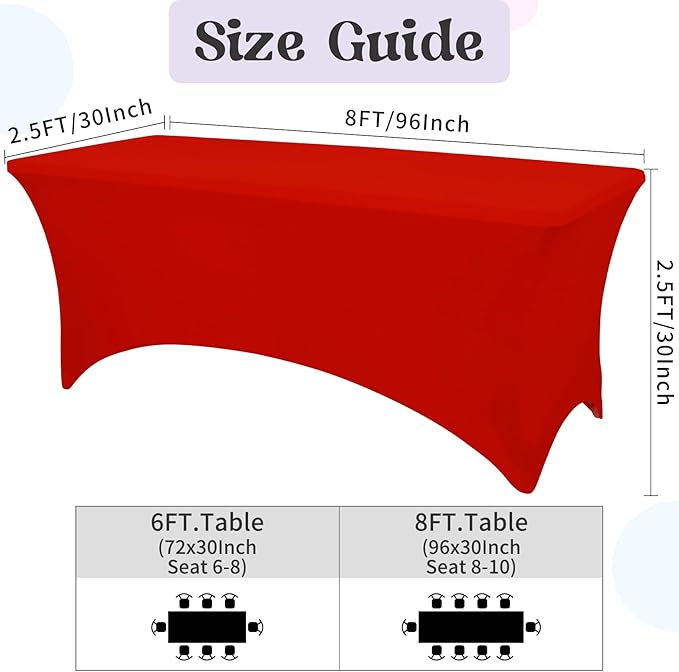 HAISIWLKJ 6 Pack Table Cloth 8ft Red Tablecloths for Rectangle Folding Table Spandex Fitted Stretch Cover Wrinkle Resistant Washable Protector for Party, Wedding, Banquet, Festival.