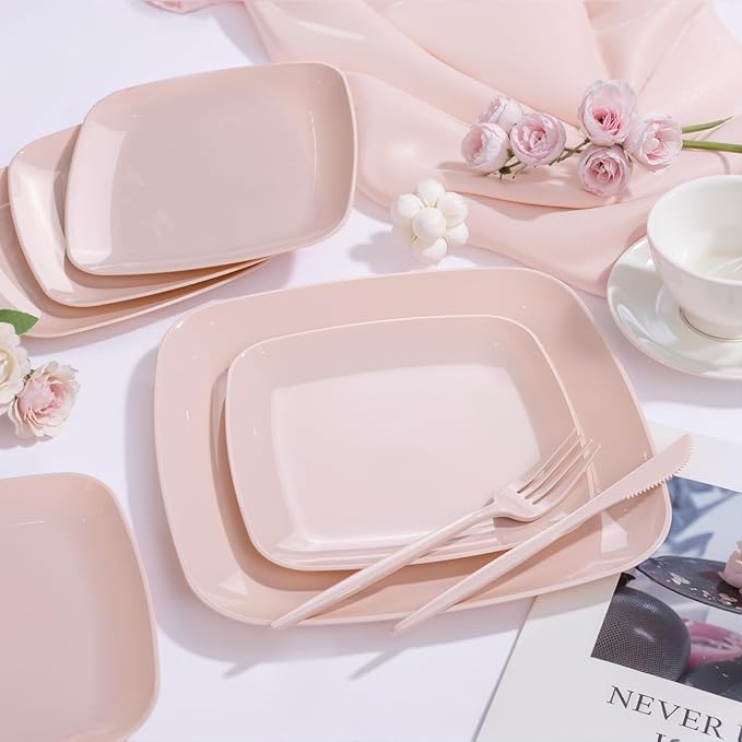 PULOTE 60PCS Pink Square Plastic Plates Disposable - Premium Quality Pink Set Include 30 Dinner / 30 Dessert Plates for Party, Wedding & Valentines Day