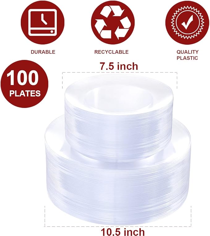 PULOTE 100Pieces Clear Plastic Plates - Premium Heavyweight Plastic Clear Disposable for Wedding&Party Include 50 Dinner & 50 Dessert/Salad Plates