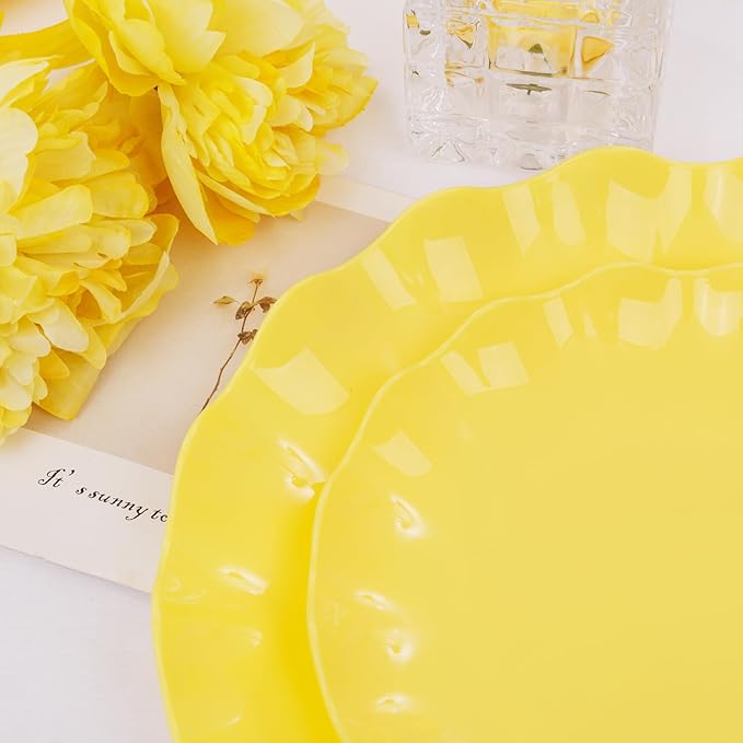 LIYH 24 Pcs Yellow Plastic Plates Reusable, Unbreakable Dinner & Salad Plate, Microwave & Dishwasher Safe, Scalloped Reusable Plastic Plates for Party, Birthday, Picnics (12Guests)