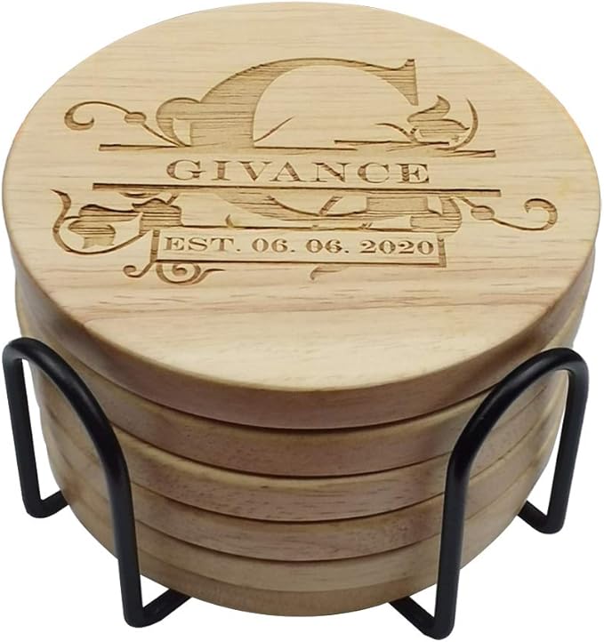 Personalized Wooden Coasters, Custom Engraved Monogram Coasters - Set of 6 (XL)