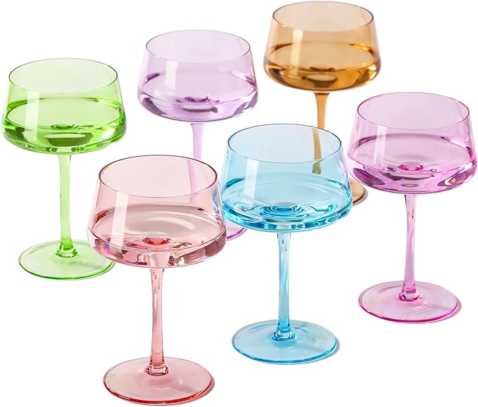 Colored Martini Glasses Set of 6, 13 oz large Coupe Glass, Premium Crystal Cocktail Glasses, Martini Glasses,Champagne Glasses, Handblown Drinkware Set-Wedding,Birthday Gifts