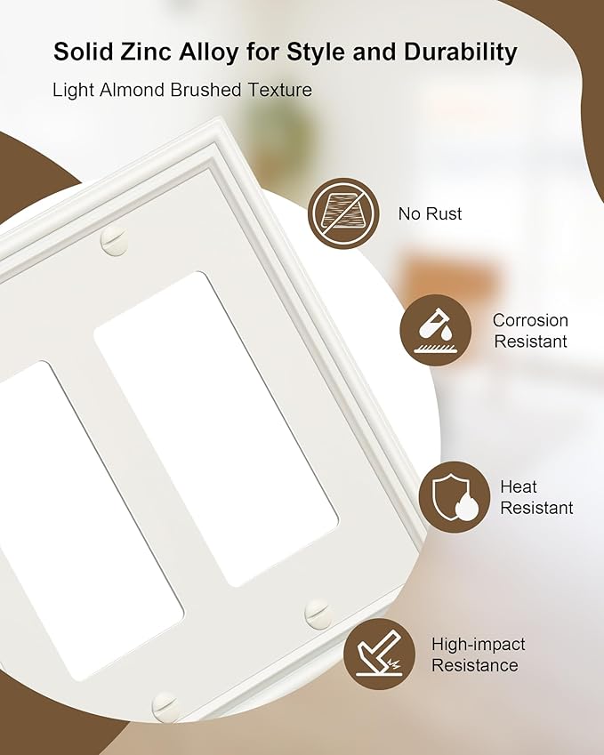 2-Pack Double Decorator Switch Covers Wall Plate, Zinc Alloy Light Almond Wall Plates for Electrical Outlets, Receptacle, GFCI Outlet, Dimmer Switch, Corrosion Resistant