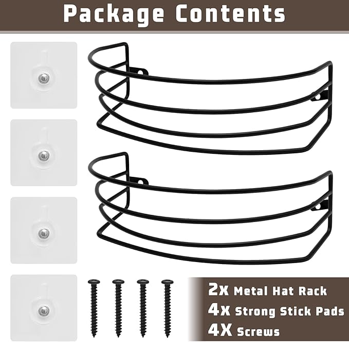 Hat Organizer for Baseball Caps, 2-Pack Black Metal Hat Rack Wall Ball Cap Storage Organizer Hold Up to 30 Caps Hat Holder for Wall Door Closet, Wall Mounted & Adhesive Installation Option