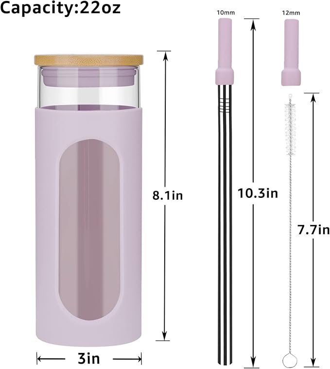Tronco 22oz Glass Tumbler with Bamboo Lid and Straw, Reusable Iced Coffee Cup for Boba Tea, Smoothies & Cold Drinks, Spill-Proof Glass Cup with Silicone Sleeve, Dishwasher Safe, BPA-Free (Pack of 2)