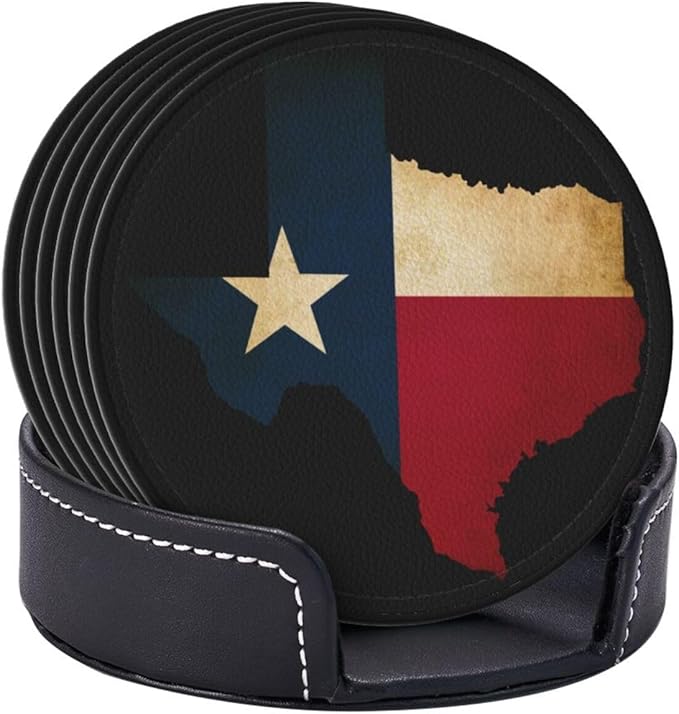 Texas Flag Coasters for Drinks with Holder Round Leather Coasters Set of 6 Cups Mugs Mat Pad for Home Kitchen Bar