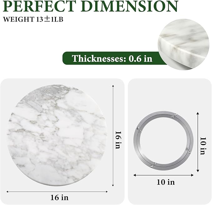Koville 16'' Marble Lazy Susan Marble Turntable for Kitchen Dinning, Lazy Susans Organizer for Cabinet, Serving Rotation Spinning Tabletop Organizer Swiveling, Spice Rack Storage(Arabescato White)