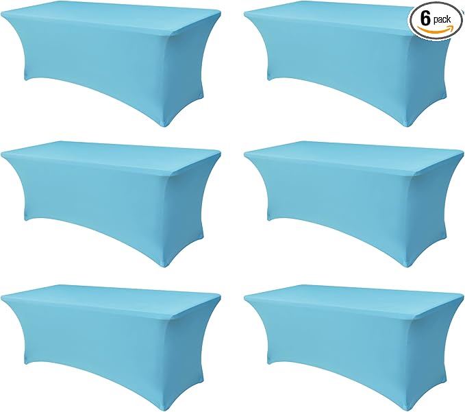 Stretch Table Cover for 6 Foot Tables-6 Pack Light Blue Spandex Fitted Tablecloth-Elastic 6ft Folding Tablecloths for Party, Vendor Booth Display, Banquet Buffet Event, Craft Trade Show