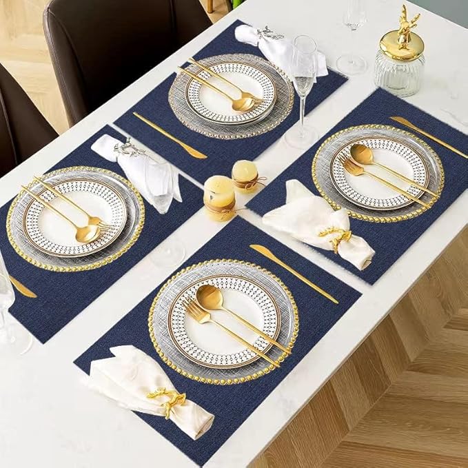 DACHUI Placemats Set of 8, Linen Look Woven Place Mats, Water Resistant, Heat Resistant, Washable, Durable Table Mats (Navy Blue)