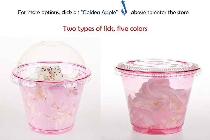 Golden Apple, 9oz-50sets Pink Red Plastic Cups with Clear Dome lids No Hole(50cups + 50lids)…
