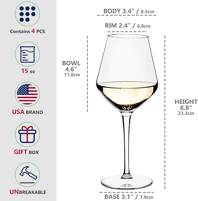 Plastic Wine Glasses Set of 4(15oz) |Unbreakable Wine Glasses with Stem|100% Tritan & BPA Free |Dishwasher Safe| Awesome For Pool, Beach, Travel, Pool, Camping, Beach, Picnic, Everyday Use.