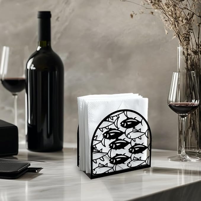 School of Fish Decorative Black Metal Napkin Holder for Table, 5.3"x4.9"x1.9" Shoal of Fish Ocean Animal Standing Napkin Holder for Home Kitchen Restaurant Picnic Coffee Bar Dining Room
