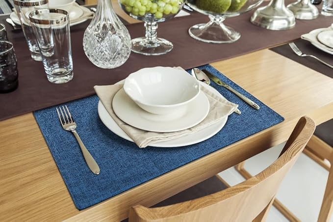 homing Cotton Linen Placemats Set of 4, Cloth Washable Farmhouse Dining Table Mats for Indoors & Outdoors, Easy to Clean, Navy Blue, 13 x 19 Inch