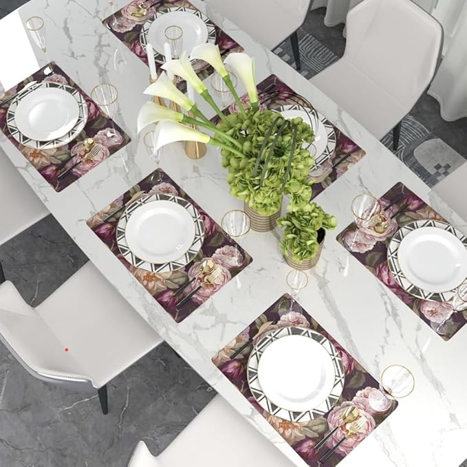12"x18" Purple Pink White Peony Flowers Placemats Set of 4 Washable Thick Place Mats Kitchen Table Mats Decorative Linen Fabric Table Mat for Dining Table Kitchen Home Decor