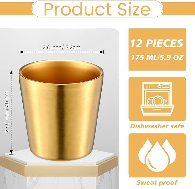 Amyhill 12 Pieces Stainless Steel Cups Double Wall Tumbler Glasses Stackable Metal Drinking Cups Insulated Drinking Glasses Reusable Camping Mugs for Home Camping RV BBQ Office Party(Gold,5.9 oz)
