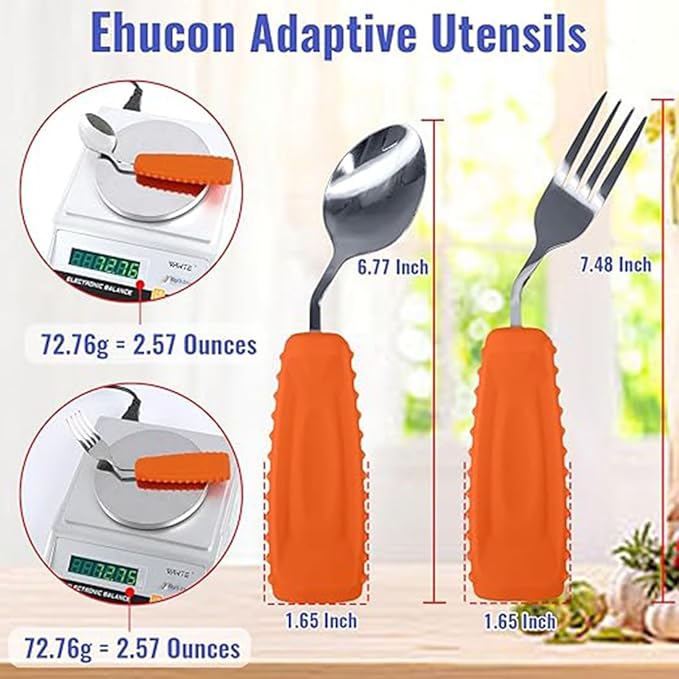 Adaptive Utensils for Hand Tremors,Weighted Utensils with Non-Slip Handle to Easy Grip for Elderly Use(Left Hand 1 pc Fork+1 pc Spoon=2 pcs,Orange)