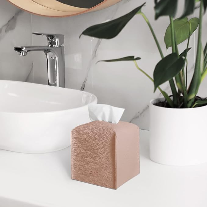 Carrotez Tissue Box Cover, [Refined] Modern PU Leather Square Tissue Box Holder - Decorative Holder/Organizer for Bathroom Vanity Countertop, Night Stands, Office Desk & Car 5"X5"X5" - Rose Pink
