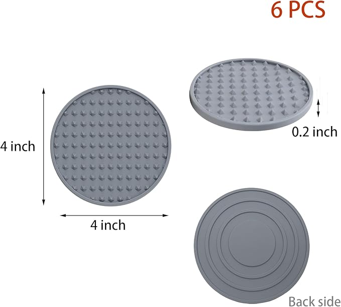 Set of 6 Silicone Coasters, 4'' Drink Coaster with Holder, Round Coasters for Drinks Beer Coffee Home Office Bar Desk Tabletop Protection, Non-Slip Rubber Coaster (Grey, 6 Pcs-Metal Holder)