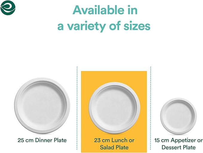 ECO SOUL 9 Inch Compostable Disposable Paper Plates [400 Pack] Food Safe 100% Virgin Bagasse Pulp Heavy Duty Biodegradable Microwave Safe Large Round Dinner Plate for Party, Picnic & BBQ (White)