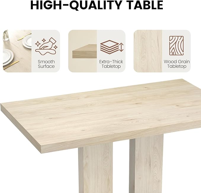 Modern 5-Piece Dining Table Set for 4, 46" Pedestal Dining Room Table with 4 Leather Chairs, Small Space Saving Kitchen Table Set, Natural Wood Finish Rectangle Table for Home & Apartment