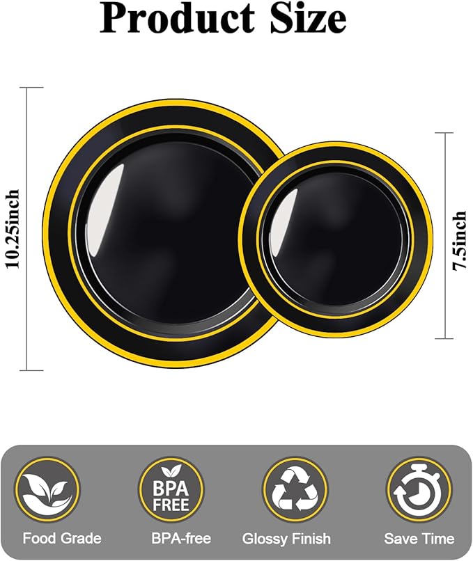 BESTSTAR 200PCS Black Plastic Plates Set with Gold Rim, 100 10.25 inch Dinner Plates and 100 7.5 inch Dessert Plates, Premium Disposable Plates forfor Party, Wedding, Holiday,And Halloween