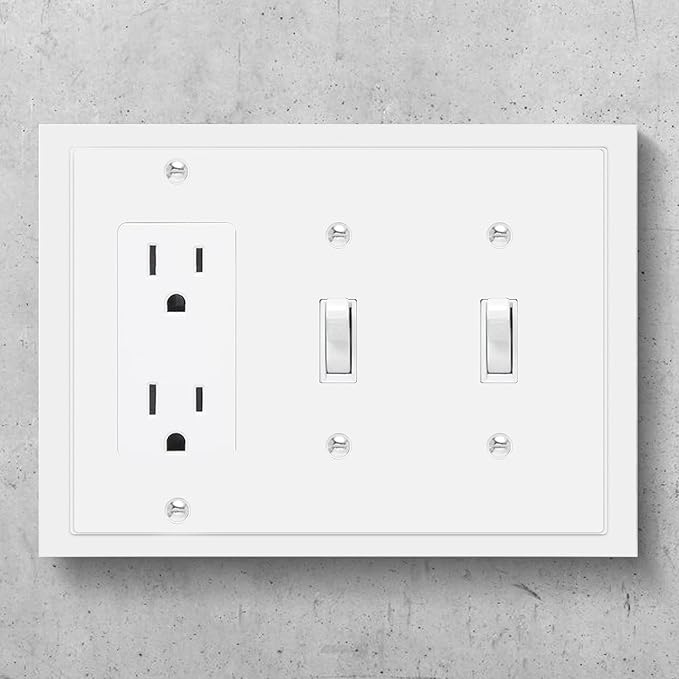 Henne Bery Modern Edge Decorative Wall Plate Switch Plate Outlet Cover, Durable Solid Zinc Alloy (Double Toggle/Single Decorator, White)