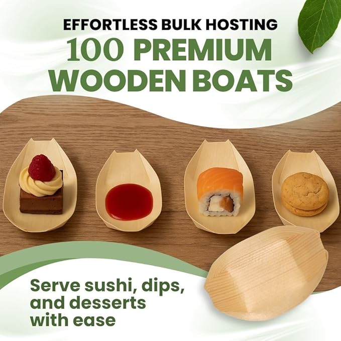 Dtocs Disposable Wooden Boat Plates 100 Pc – 80 mm Biodegradable Wood Serving Boats | Eco-Friendly Food Boats for Sushi, Desserts, Dips, Sauces | Alternate to Plastic, Bamboo, Paper Plates