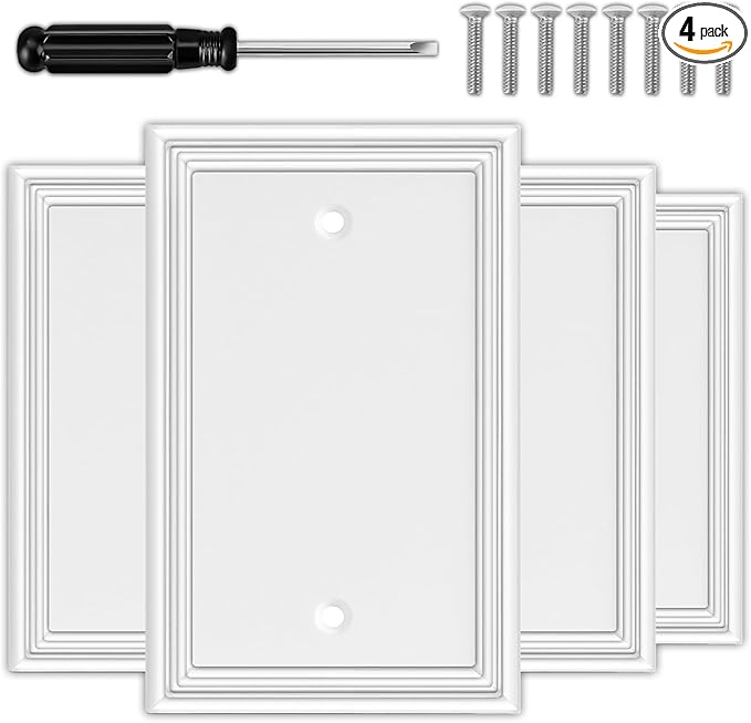 White Decorative Single Blank Light Switch Covers Wall Plate, Natural Material Switch Plates Outlet Covers - Modern Style (1 Gang Blank 4 Pack)