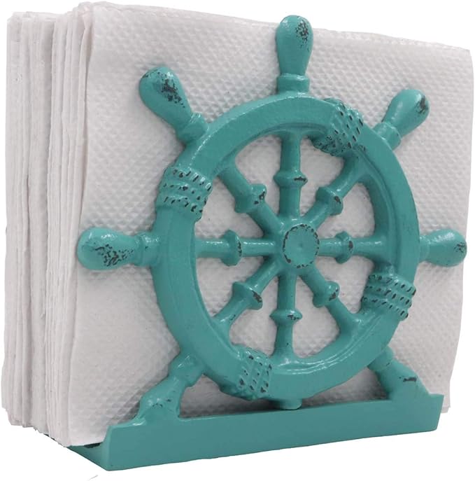 THDC Nautical Napkin Holder, Lunch, Dinner, Nautical Collection Napkin Holder, Made of Metal (Wheel Distressed Green)
