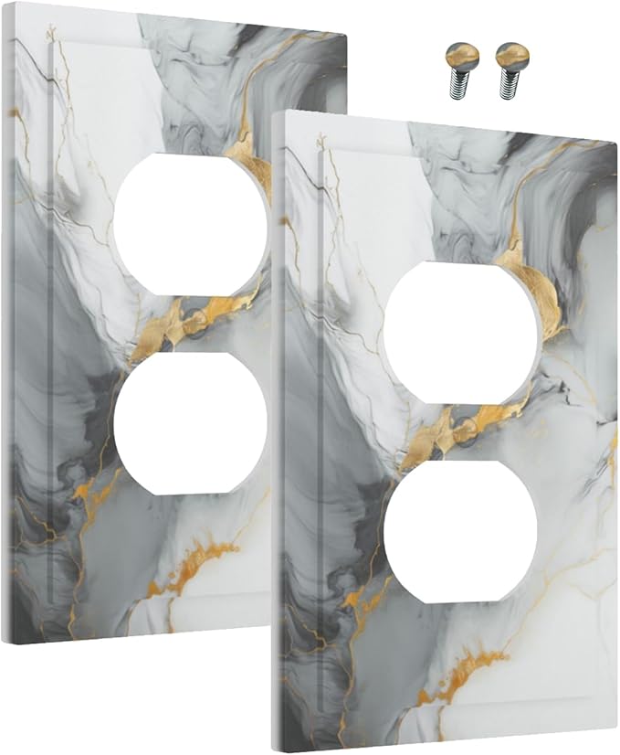Outlet Covers Gray/Gold Marble Abstract Modern Luxury 1 Gang Duplex Light Switch Cover Plate Decorative Wall Plates Electrical Switchplate Receptacle for Bathroom Bedroom Decor（2 Pack）