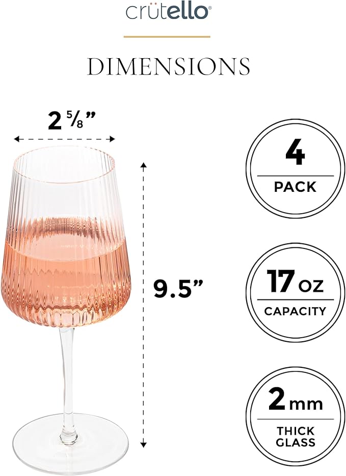 Crutello Modern Wine Glasses 17 oz Glassware, Set of 4, Unique Fluted Glassware with Vintage Ripple Texture, Art Deco Red or White Wine Fancy Glasses