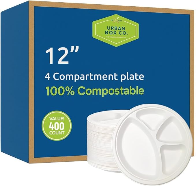 Urban Box Co. 12-Inch 4-Compartment Compostable Plates, Heavy-Duty Eco-Friendly Sugarcane Fiber, Biodegradable & PFAS-Free, BPI-Certified, Compostable Dinner Plates, 400 Pack
