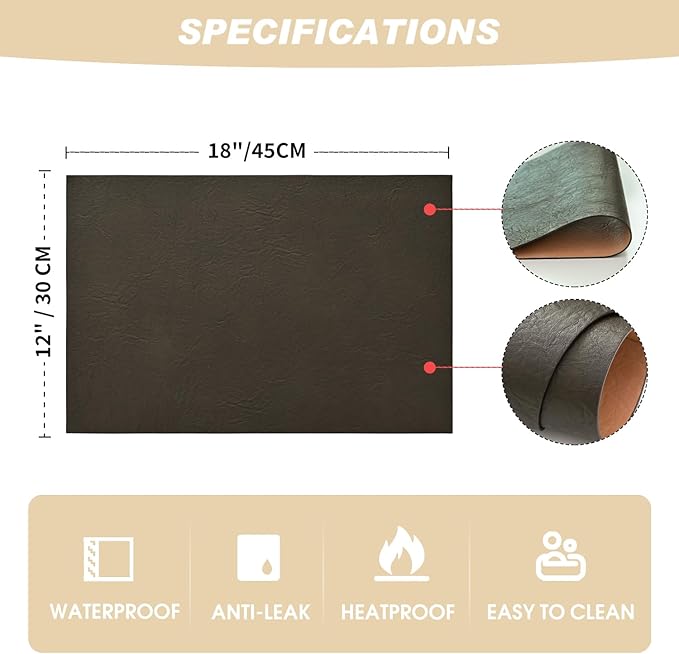 Artoid Mode Coffee Faux Leather Placemats Set of 6, 12x18 Inch Waterproof Wipeable Heat Resistant Vinyl Place Mats, Reversible Table Mats for Kitchen Dining Decor