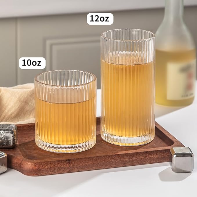 Ribbed Drinking Glasses 6pcs, 12oz and 10oz Glassware, Tumbler Glasses Cup Set for Wedding, Party, Christmas Gift, Clear