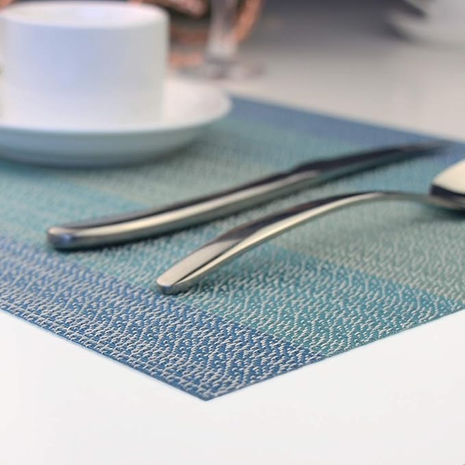 Placemats Washable Easy to Clean PVC Placemat for Kitchen Table Heat-resistand Woven Vinyl Hard Table Mats 12x18 inches Set of 4 (Blue)