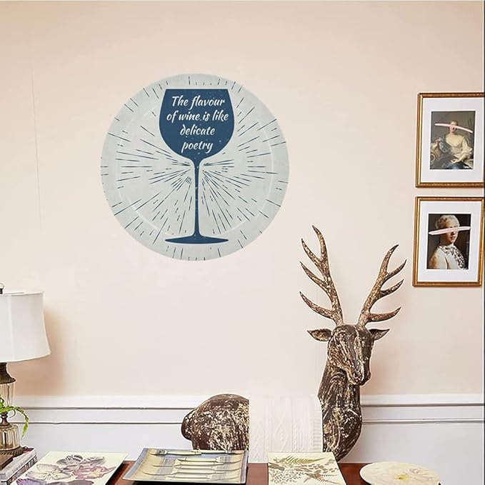 Ceramic Display Plate, Wine Ceramic Hanging Decorative Plate, Wine Glass and Vintage Sun Burst Frame, 6 Inch, Living Room Kitchen Decoration Household, Night Blue White