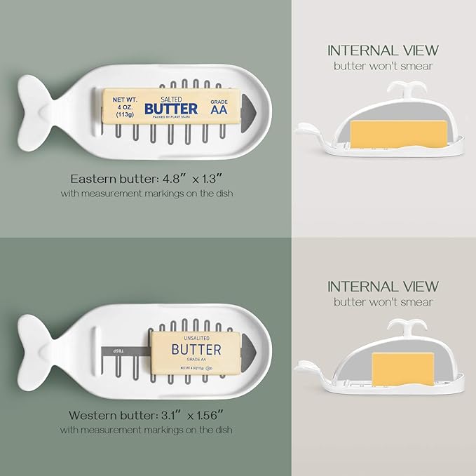 DOWAN Porcelain Butter Dish With Cutting Measuring Line, Large Whale Butter Dish with Cover of Non-slip Design, Ceramic Butter Dishes with Handle for East/West Coast Butter, Soft White
