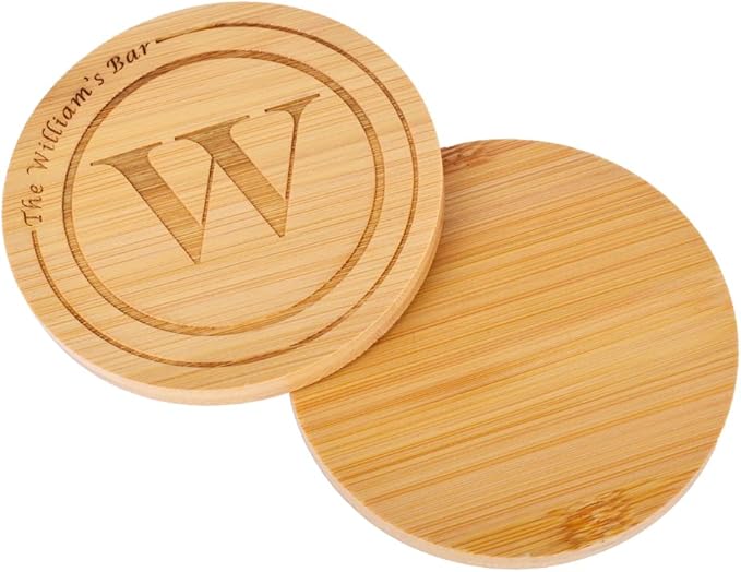 Personalized Bamboo Coasters, Custom Engraved Monogram Coasters with Holder, Great Gifts for Relatives, Friends or Yourself (Set of 4)