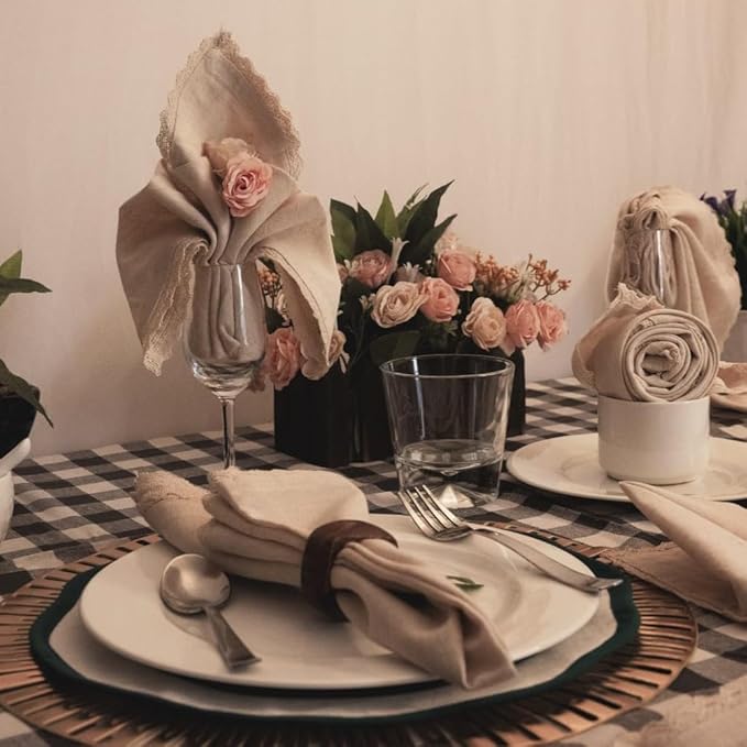 FINGERCRAFT Dinner Cloth Napkin Cotton Linen 4 Pack Vintage Rustic Premium Quality Mitered Corners Napkin Cloth with Elegant Lace for Everyday Use, Pre Shrunk and Good Absorbency 20x20 in Ivory