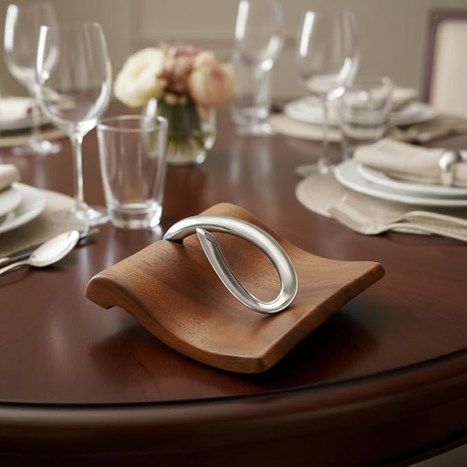 nambe Breeze Napkin Holder | Tabletop Napkin Tray for Parties, Weddings, and Events | Made of Acacia Wood and Stainless Steel | Measures at 9" x 7.5" x 3" | Designed by Neil Cohen