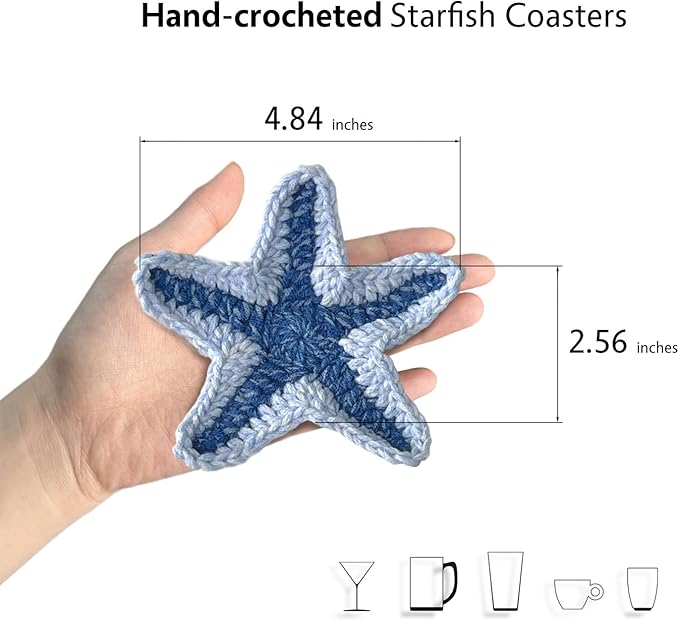 UMIRRO Handwoven Drink Coasters for Coffee Table, Ocean Themed Gifts for Beach Lovers, Coastal Kitchen Decor for Home - Blue Starfish, Set of 2