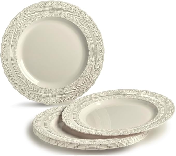 " OCCASIONS " 50 Plates Pack (25 Guests)-Extra Heavyweight Vintage Wedding Disposable/Reusable Plastic Plates -25 x 11'' Dinner + 25 x 8.25'' Salad/dessert (Chateau Collection Ivory)