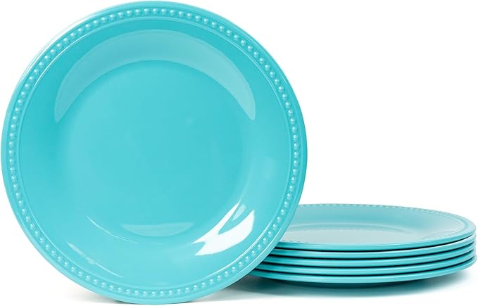 Melamine Beaded Appetizer/Salad/Dessert/Side Plates, Aqua, Set of 6, 8.5 inch, Platter, Serving Dishes, Kid-Friendly, Chip and Break-Resistant, Durable, for Indoor and Outdoor, Dishwasher Safe